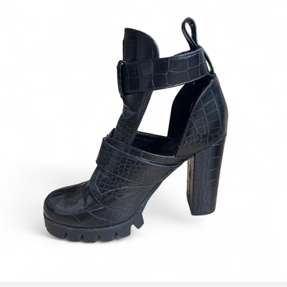 Black Croc-Embossed Platform Buckle Ankle Booties - Picture 2 of 5